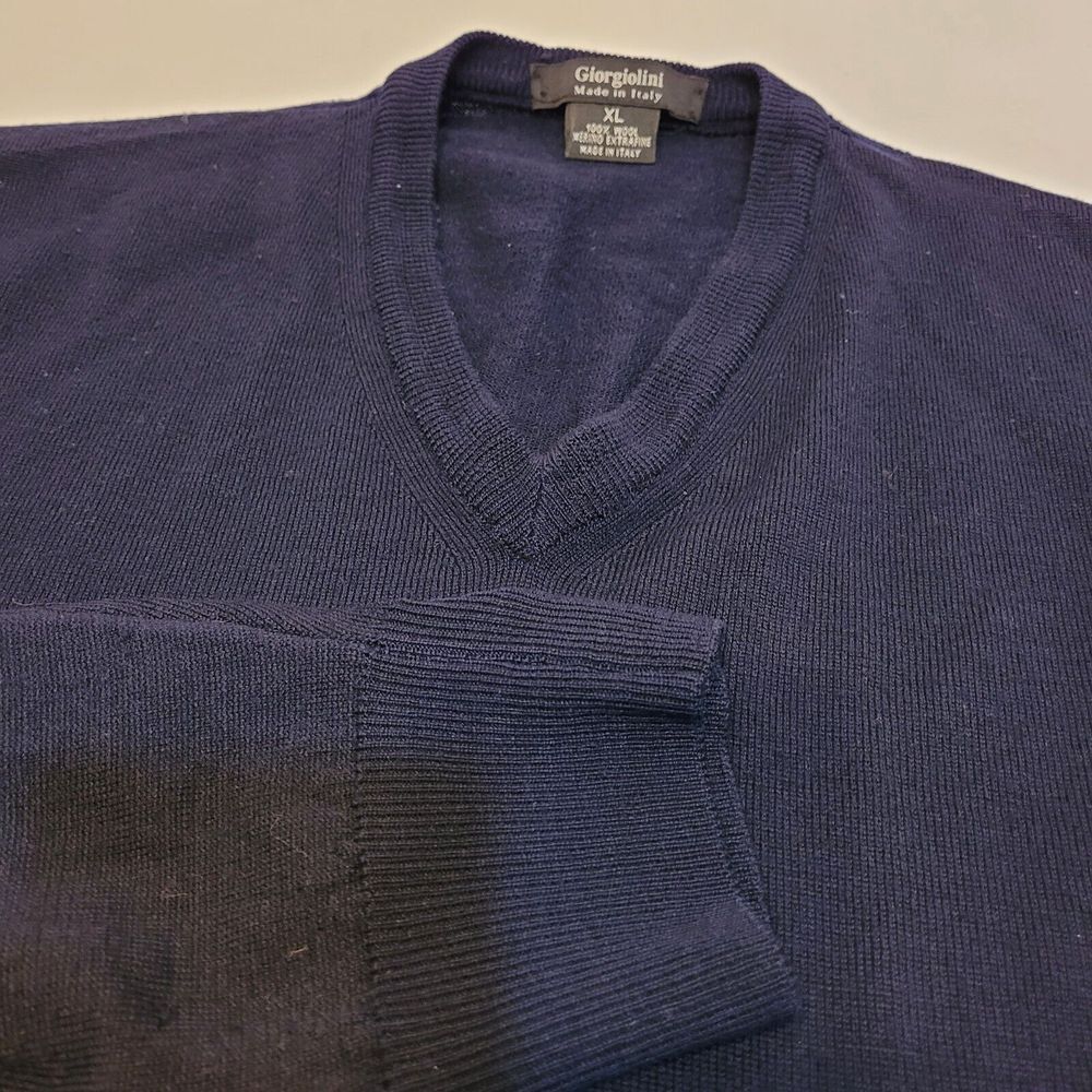 Giorgiolini Sweater Mens XL‎ Navy Blue Excellent 100% Merino Wool V-Neck Italy
